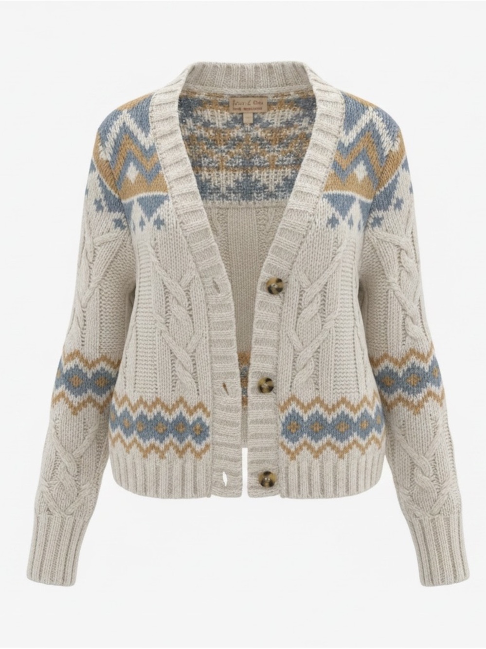 Fair Isle Cable Knit Cardigan in Cream with Blue & Tan Accents